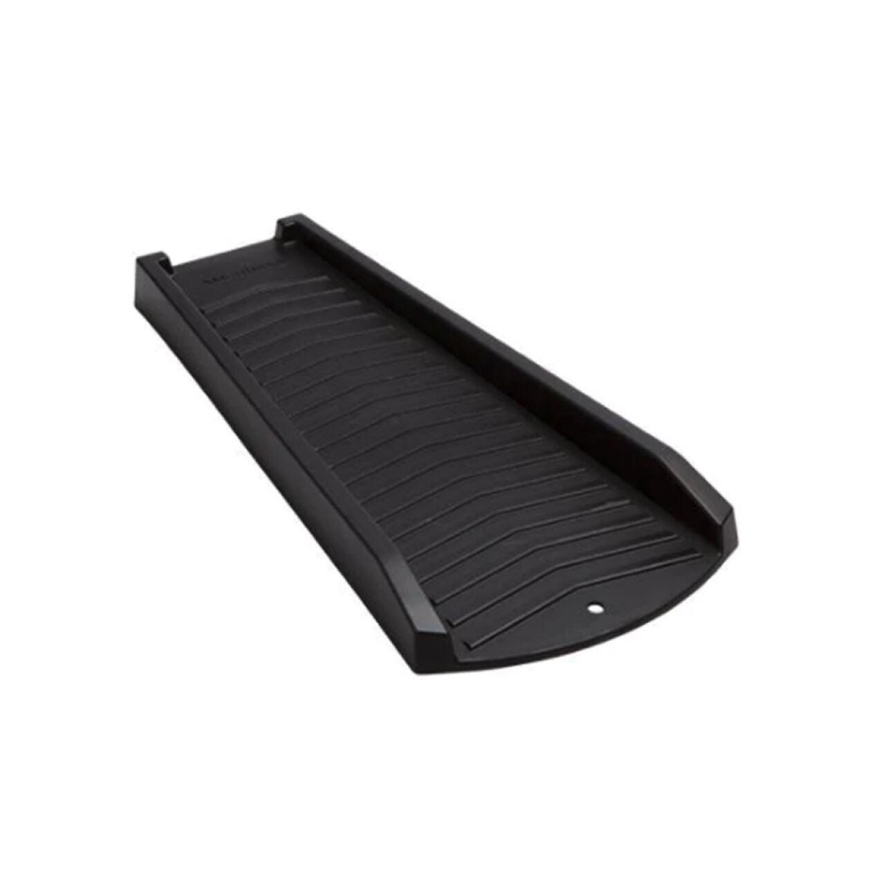 A 24 in. black rectangular plastic splash block by Go Build, The Fastest Way To Build, with raised edges, textured grooves, and a small hole at one end is shown on a white background.